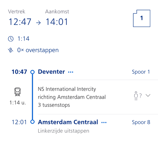 Screenshot of Dutch railways website train itinerary showing departure time of 12.47 hrs for a trip from Deventer to Amsterdam, but details of the same trip shows a departure time of 10.47 hrs.