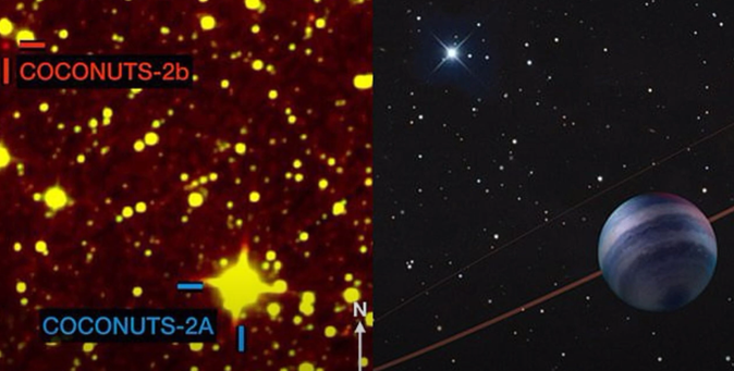 Coconuts-2a (estrella) y Coconuts-2b (planeta) vistos desde el telescopio. A la derecha, imagen creada del probable aspecto del planeta
