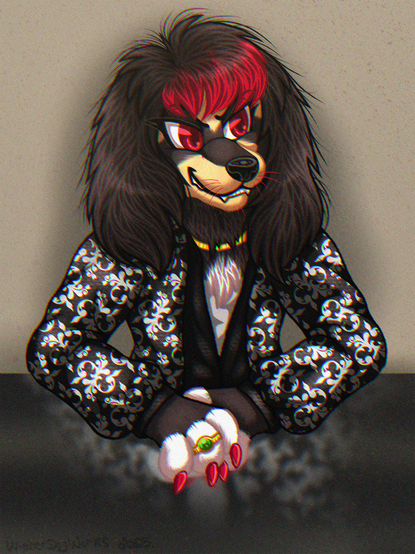 A male anthropomorphic spaniel is sitting at a reflective table, his arms resting on it. He's looking off to the side with a toothy grin. He's wearing a floral 1970s style shirt and vest.