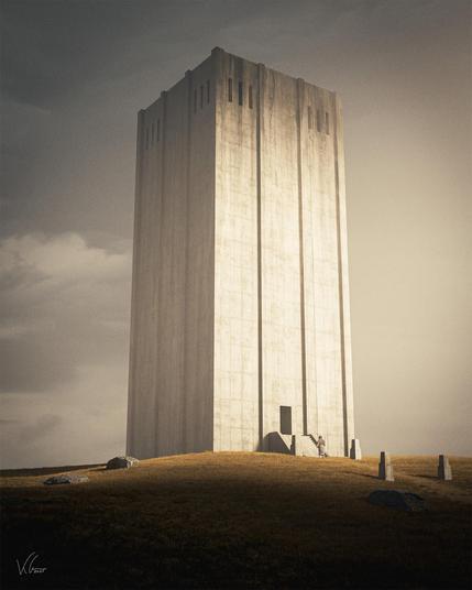 A towering, monolithic concrete structure stands on a grassy hill under a cloudy sky.