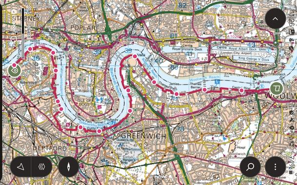 A snip of the os msp app route for the final leg. A red dotted line from Rotherhithe station to Woolwich.