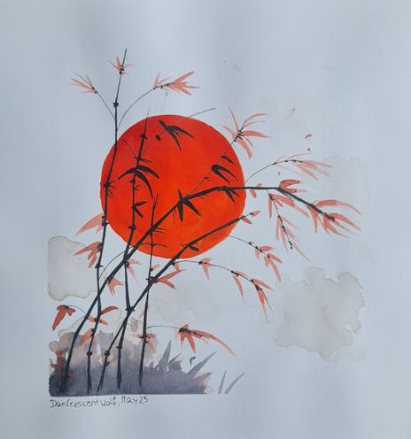 A simplistic watercolor painting, showing a bright red circular shape in the background - which could resemble the sun or the moon.
Stylised bamboo is in the foreground, made of mostly black lines and red leaves, so it looks like a silhouette.