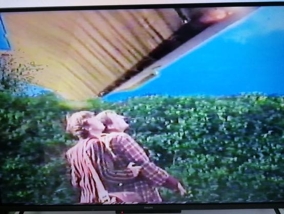 Screenshot aus "Per Anhalter durch die Galaxis".
Arthur Dent und Ford Prefect sehen zu einem Schiff der vogonischen Bauflotte hoch, das über ihnen am Himmel schwebt.