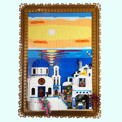 A model of a painting of Santorini made of Lego bricks