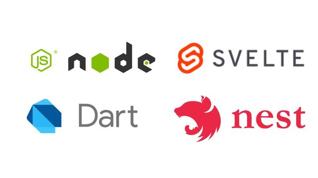 The node.js logo, the Svelte logo, the Dart programming language logo and the nest.js logo on a white background.