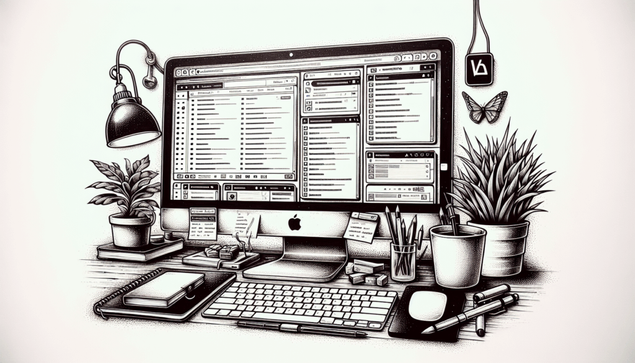 Ein Schmuckbild: Auf dem Bild ist ein Schreibtisch mit einem Computer zu sehen. Der Computer hat einen großen Bildschirm, auf dem mehrere Fenster mit Listen sichtbar sind. Neben dem Computer stehen verschiedene Büroutensilien, darunter ein Notizbuch, Stifte in einem Behälter, eine Schreibtischlampe und zwei Pflanzen in Töpfen. Der Schreibtisch wirkt aufgeräumt und kreativ, mit einem minimalistischen Design. Es gibt auch einige weitere Gegenstände, wie einen Mauspad und einige Zettel.