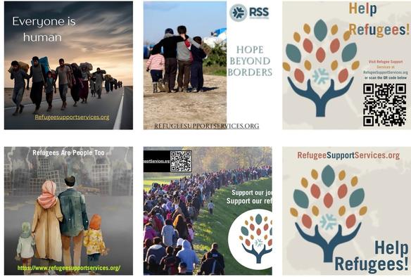 A collage of images promoting refugee support. Key themes include messages like "Everyone is human," "Refugees Are People Too," and "Help Refugees." Visuals feature groups of people, including families and children, along with QR codes and organizational
