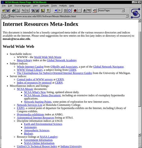 A screengrab of http://www.ncsa.uiuc.edu/SDG/Software/Mosaic/MetaIndex.html from Dec 1996