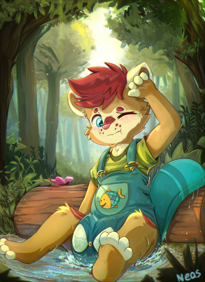 Digital, colored and shaded babyfur illustration. Kvikk is on an adventure in the forest but just happened to slip and fall down onto a puddle, butt first. Their diaper (which was probably wet already) is expanding thanks to the water, making their onesie shortalls stretch and partially expose the diaper. The background depicts a fresh and green forest with high trees and vegetation with a gentle glow in the middle. Right behind the beaver is a wooden log with a butterfly resting on it.