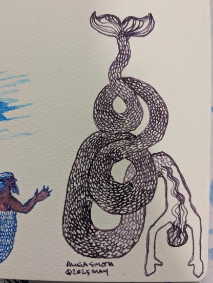 Seen from above a long tailed merperson coils, arms outstretched. Drawn I. Purple with guilt glitter.