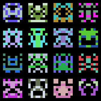 a 4x4 grid of multicolored 8x8 pixel aliens a la space invaders