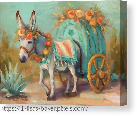 An art print of a whimsical and heartwarming scene featuring a gentle donkey pulling a rustic cart overflowing with bright desert flowers. The donkey wears a floral crown and a soft woven blanket, surrounded by painterly textures and warm pastel tones. The artwork evokes the peaceful, resilient spirit of desert life with a dreamy, nostalgic atmosphere. Art by Lisa S Baker.