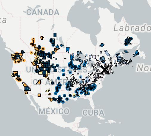 Map of the spread of deadly WNS in bats from the initial introduction spot in NY (the X) and from ports on the west coast (e.g. Seattle)