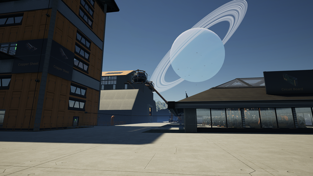 Looking west down a pathway with buildings on either side. An orange building on the left bears a sign that reads Copper Sheets. A short building on the right with glass walls and a dark roof advertises Circuit Boards. Rebecca, a ringed gas giant can be seen prominently in the sky. Other buildings with pipes and fluid tanks can be seen further down the road.