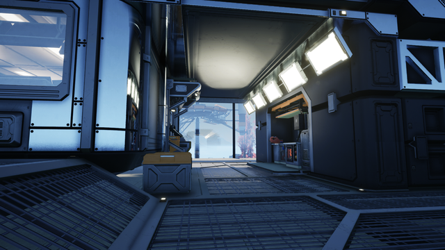 I always come back to the HUB before save and quit. This view through the HUB shows the Space Elevator and the crafting bench.