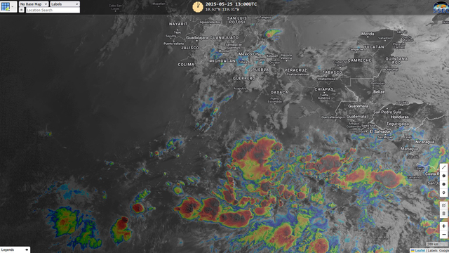 Satellite image showing scattered colored clouds (infrared spectrum) which shows colder cloud tops indicating likely storms underneath. This shows a large region of scattered storms that have not organized yet.