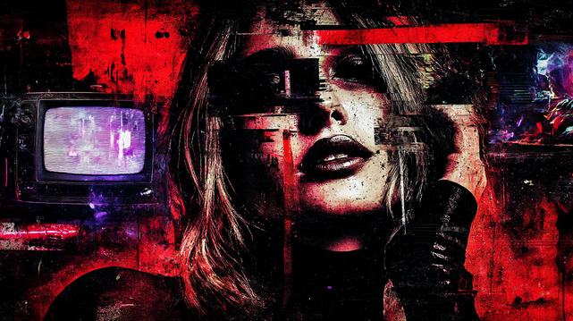 Séduction Glitchée.
Portrait cyberpunk et fragmenté d'une femme entre séduction et distorsion numérique, sur fond de télévision rétro et textures rouges saturées.
Cyberpunk and fragmented portrait of a woman blending seduction and digital distortion, set against a retro TV and saturated red textures.