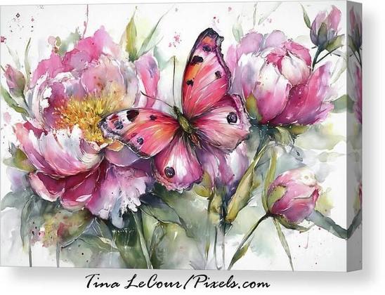 This is a canvas watercolor of a some big pink peony flowers with a pretty pink butterfly.
