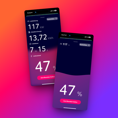 Zwei Screenshots der Ionity-App auf dunklem Hintergrund und Farbverlauf in Pink und Lila, schräg nebeneinander auf einem farbenfrohen Verlaufshintergrund dargestellt.