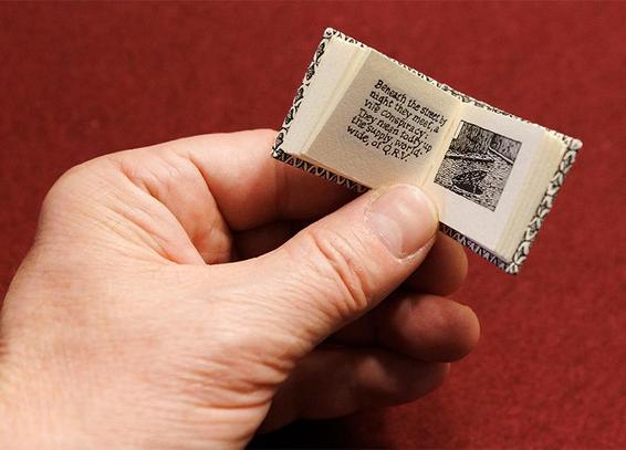 Hand holding a miniature book with text and illustration