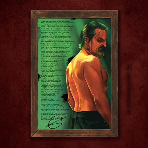 A closer view of the mentioned lithograph. The background is green with black ink splotches, and a long poem is written next to Izzy, with Con's signature at the bottom.
