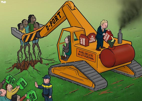 Cartoon waarop een machine te zien is, die een familie van asielzoekers met lange wortels aan hun voeten uit de grond trekt. De machine wordt bediend door Faber, terwijl Wilders de tank bijvult met een jerrycan gelabeld 'xenofobie'. Achter hem staan ook nog jerrycans met de labels 'racisme' en 'intolerantie'. Op de machine staat 'asielbeleid in uitvoering'. Een politie-agent houdt mensen tegen die jerrycans aanreiken met de labels 'barmhartigheid', 'mededogen' en 'kinderrechten'.