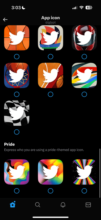 A selection of Twitter app icon designs, featuring diverse patterns and a pride-themed option, is displayed on a smartphone screen.