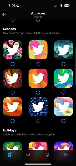 Various colorful Twitter app icon designs are displayed, categorized under "Seasons" and "Holidays."