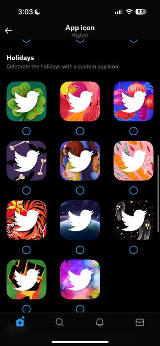 A selection of holiday-themed app icons, each featuring the Twitter logo with different colorful backgrounds.