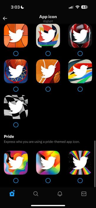 A selection of Twitter app icon designs, featuring diverse patterns and a pride-themed option, is displayed on a smartphone screen.
