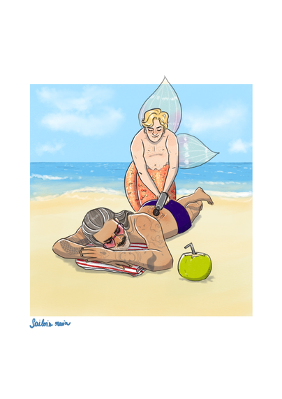 Ed and merStede on the beach. Ed is lying on his stomach with his head on a white and red striped towel and there is a coconut beside him, he's wearing purple speedos and pink heart shaped sunglasses. merStede is massaging Ed's lower back with a massage gun.