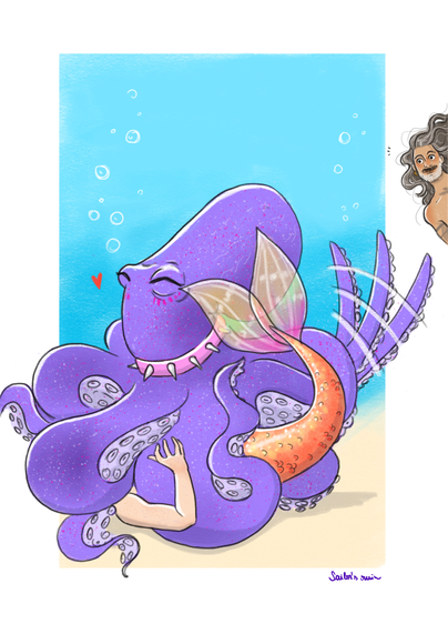 A happy baby Kraken on top of Stede. She's wagging one of her tentacles like it's a tail. She has a spiked baby pink dog collar. We can only see Stede's right arm coming out from between Kraken's tentacles, and his tail. Ed is peeking at them with a happy look on his face.