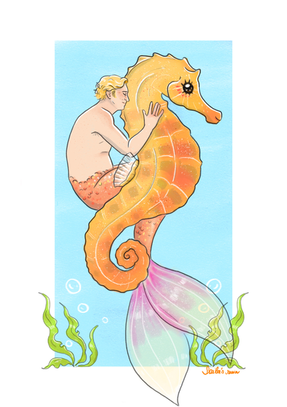 Stede on the back of his seahorse Arthur. Arthur is yellow and orange and he has big shiny eyes. Stede is hugging him.