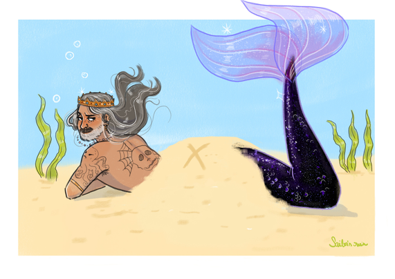 Mermen Ed lying on his stomach on the ocean floor. His tail is black with purple accents. He is wearing a crown, a bracelet and a pearl string. There is sand covering his butt with an X marking the spot.