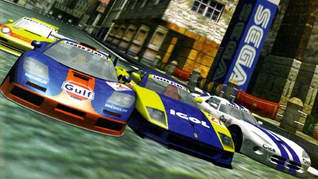 A screenshot of the 1996 Arcade game Scud Race showing a lineup of 4 cars, featuring the McLaren F1, Ferrari F40, Dodge Viper, and the Porsche 911