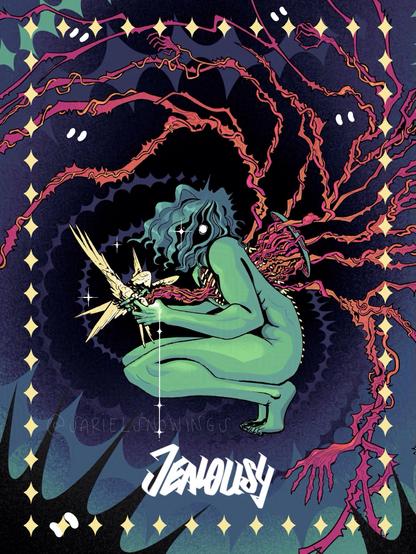 A digital drawing of an ominous crouching figure holding a mess of wings and feathers in their hands. This creature is attached to the figure by veins and muscle that go into their open chest cavity. The back of the figure is also open, revealing part of their spine and a twisted series of vines, branches, muscles, veins and other viscera growing out and around them. The bottom of the illustration says “Jealousy”.