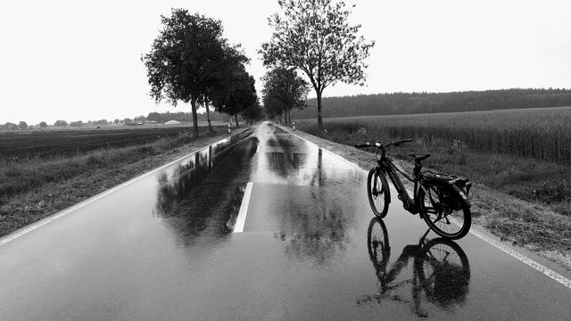Schwarz-weiß Aufnahme einer regennassen Landstraße auf der sich die Bäume spiegeln.
Rechts am Straßenrand steht ein Fahrrad, das sich ebenfalls auf der Straße spiegelt. 
Links und rechts sind Felder.
