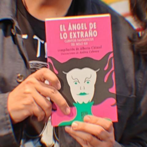 Dos manos sostienen un ejemplar del libro "El Ángel de lo Extraño. Cuentos fantásticos del siglo XIX", publicado por la UNAM. La imagen está ligeramente distorsionada.