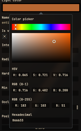 Screenshot of my game engine showing an orange colored button at the top and a floating window below it. The window contains a hue gradient slider and a orange to white/black area below it.
The at the bottom are available several text field with RGB, HSV and Hexadecimal color controls.