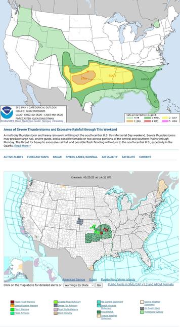 Areas of Severe Thunderstorms and Excessive Rainfall through This Weekend
A multi-day thunderstorm and heavy rain event will impact the south-central U.S. this Memorial Day weekend. Severe thunderstorms may produce large hail, severe gusts, and a possible tornado or two across portions of the central and southern Plains through Monday. The threat for heavy to excessive rainfall and possible flash flooding will return to the south-central U.S., especially in the Ozarks