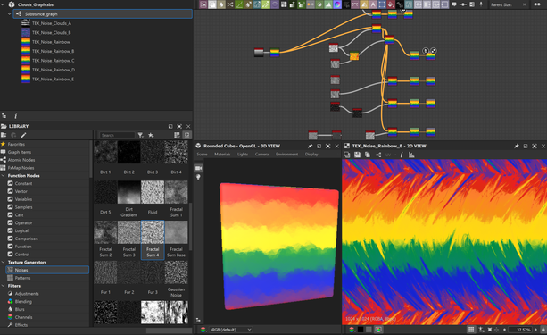 A Substance Designer screenshot that shows a gradient in rainbow colors. Those are then fed into slope blurs and different noises and the preview, seen on the right, looks like a rainbow, pride colored, gradient that on top has lots of brush-like and watercolor-like swashes up and down.
The window above the final texture showcase different nodes that connect to one another to make the textures.