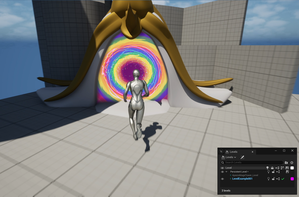An UE5 screenshot that shows the player running towards a gateway portal. The portal has rainbow colors and particles on top. A small UI window on the right side shows the Persistent level listed and sublevels under it, called "ApexisMageTower_Level" and "LevelExample001".
The scene around the rainbow gate is blockout with gray materials and a "default Unreal Engine settings", blue, sky.