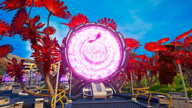 Ein Screenshot aus dem Spiel. In der Mitte des Bildes sieht man ein Portal ähnlich dem Stargate aus der gleichnamigen Fernsehserie. Das Portal ist aktiv.