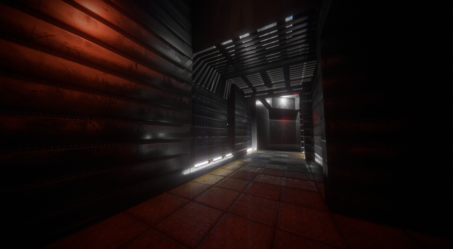 Screenshot of my game engine showing a long and dark corridor barely illuminated by red and white light. On the wall are metallic horizontal bands, while on the floor are yellow plastic tiles.