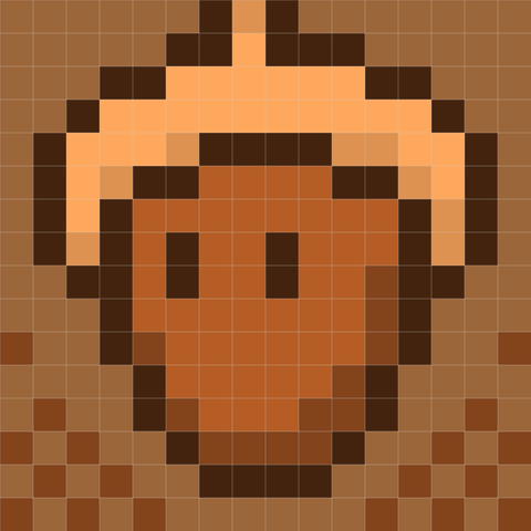 A cute pixel art rendition of an acorn with little eyes, all in brown tones