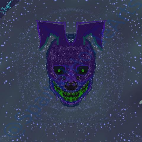 Against a blue grey background with pale purple spiral of stars is a face. The face is animalistic in nature. It is purple with blue outlines. Eyes black with glowing green iris in the center. Under a black snout it spouts a grin filled with green human like teeth. On the face is a smattering of white stars.
