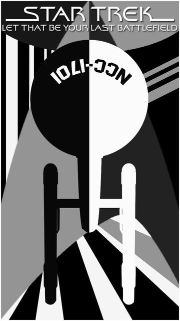 A fan poster for the Star Trek episode Let That Be Your Last Battlefield, featuring an overhead view of the Enterprise flying upward, with half the starship as a white silhouette, and half a black silhouette.