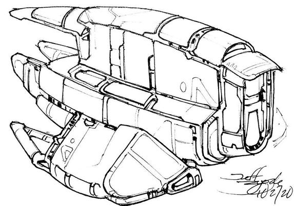 Black and white line art sketch of an imaginative sci fi spaceship. Each one is very different.