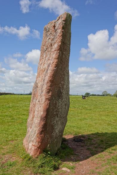 This is Long Meg, the largest stone at the point. It is made from red sandstone and over 4m tall above the ground.