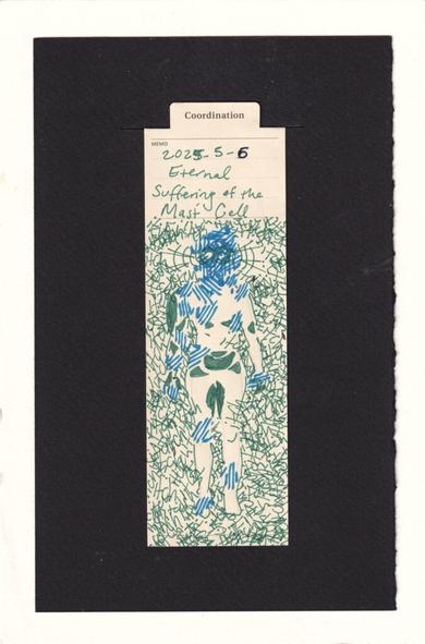 the figure on the manila bookmark's body is coated in clumps of repeated cyan lines like scratch marks. there are the most scratch marks on the head, face, and neck. Surrounding the body are what look like green angular squiggles, but are upon closer inspection the word "itch" repeated all over.